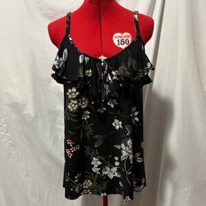 Floral Black Camisole with Ruffle Detail